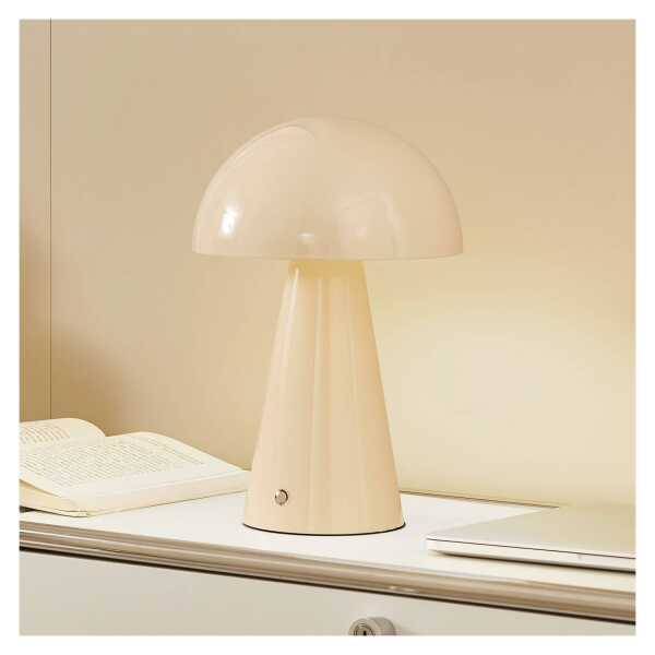 Lindby LED-Akkutischlampe Nevijo, beige, Ø20cm, USB, Dimmer