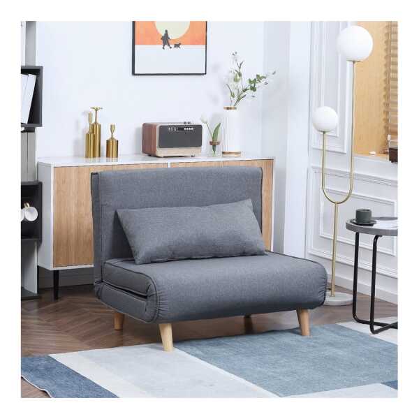 HOMCOM Sessel Rückenlehne Liege, Leinenimitat Kautschukholz, Grau, 94x78x80 cm (2-Sitzer Sofa, 1-St., Einzelschlafsofa), mit Bettfunktion