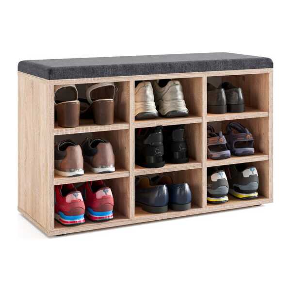 KOMTO Schuhbank Schuhregal mit Sitzfläche 9 verstellbare Schuhregale, Sofia 80 x 50 x 30 cm Sonoma Eiche