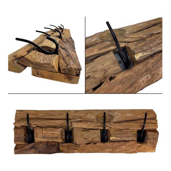 Online-Fuchs Garderobenleiste aus Teak Holz, Wandgarderobe mit 4 Haken aus Metall - 58 cm lang (rustikales Design, natürliche Optik), Treibholz-Look mit natürlicher Maserung und Rissen
