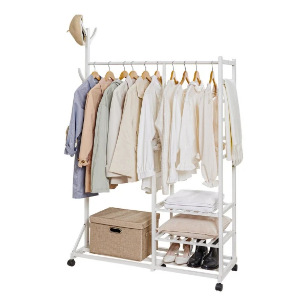 Yorbay Kleiderständer Garderobenständer aus Bambus, (mit Rollen, mit Kleiderstange, 3 Ablagen und 6 Kleiderhaken), Kleiderständer 100 x 38 x 176 cm für Flur, Wohnzimmer, Schlafzimmer