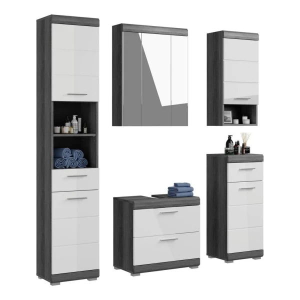 welltime Badmöbel-Set Siena, 5 teilig, bestehend aus:, (Set, 5-St., TOPSELLER), Hochschrank, WBU, Spiegelschrank, Unterschrank, Hängeschrank
