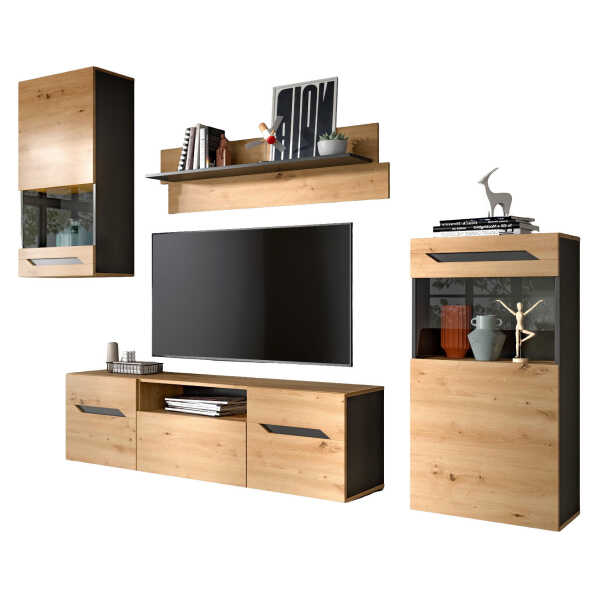 Inn.Furn WOHNWAND Eiche Artisan, Dunkelgrau