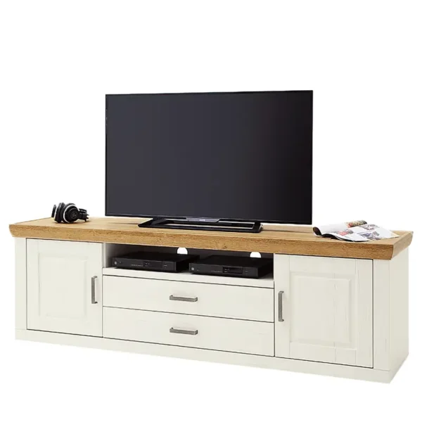 TV-Lowboard Front: MDF Mitteldichte Holzfaserplatte , melaminbeschichtet Korpus: Spanplatte, melaminbeschichtet Griffe: Metall, lackiert Weiß