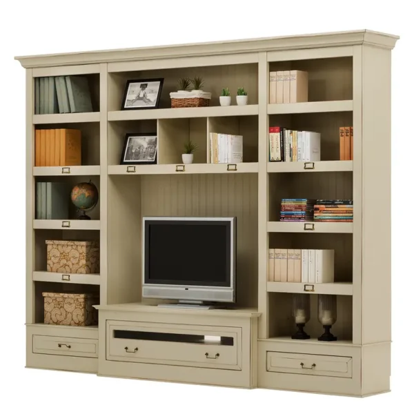 TV-Wand I Massivholz Pinie, lackiert Rück-, Seitenwände & Einlegeböden: MDF Mitteldichte Holzfaserplatte , lackiert Weiß/Beige/Hellbeige 312 x