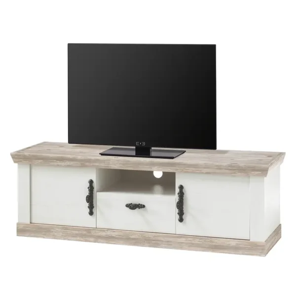 TV-Lowboard II Front & Korpus: Spanplatte, foliert Kranzblende: MDF Mitteldichte Holzfaserplatte , foliert Griff: Metall Weiß 156 x 51 x 44cm