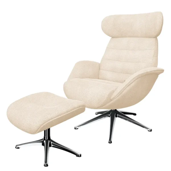 Relaxsessel LESO Beige Teddy-Bouclé Stoff Bony mit Hocker Chrom glänzend 90 x 107 x 90cm