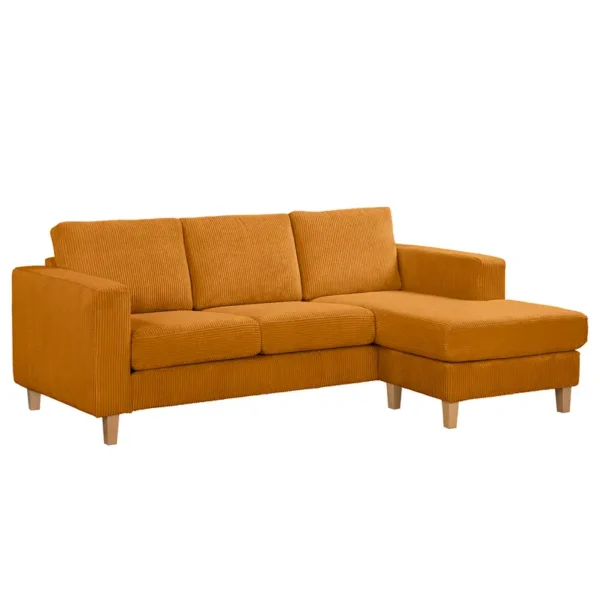 Ecksofa 2-Sitzer mit Longchair Gelb Cordstoff Poppy 214 x 86 x 140cm Longchair davorstehend rechts Skandi