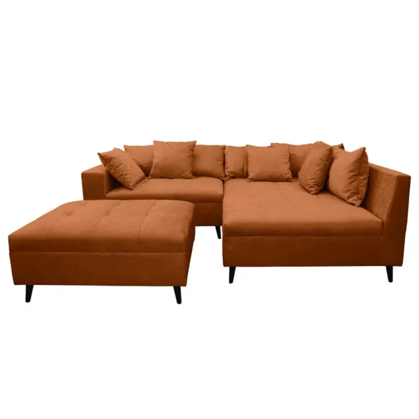 Ecksofa PRUNO mit Hocker Braun/Rostbraun Flachgewebe Tora 247 x 80 x 174cm Ottomane davorstehend rechts Modern