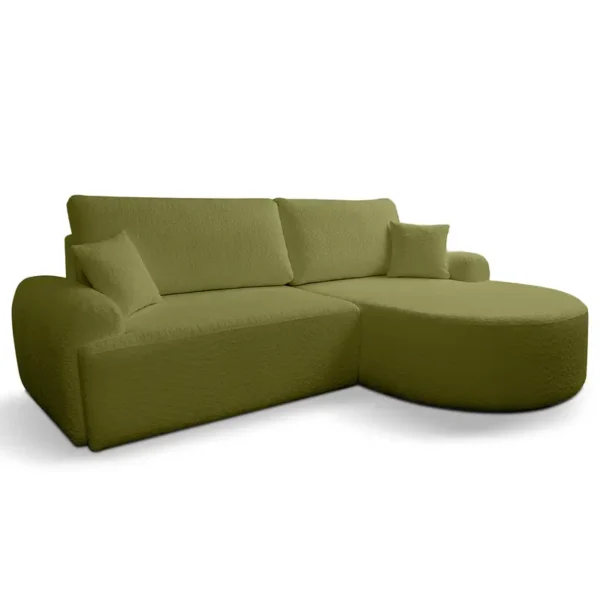 Ecksofa mit Schlaffunktion Grün Bouclé Stoff Coline 258 x 90 x 169cm Longchair davorstehend rechts mit Schlaffunktion Modern