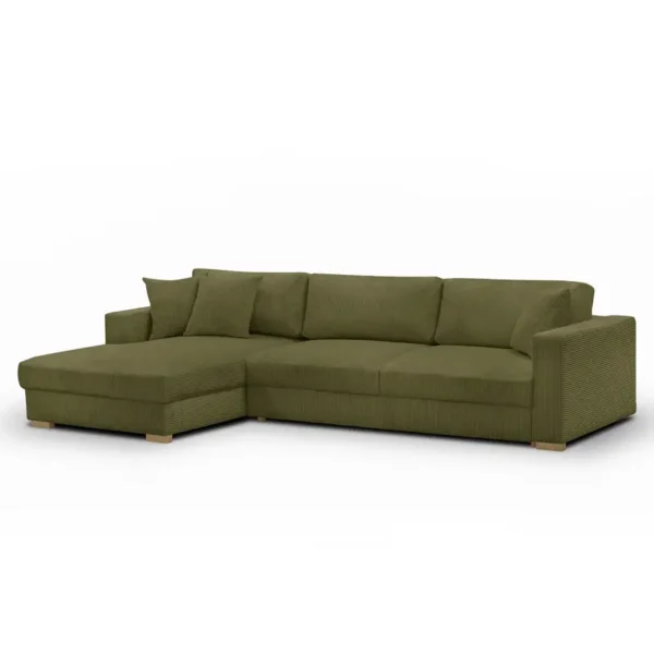 Ecksofa mit Schlaffunktion Grün Cordstoff Poppy 287 x 76 x 167cm Longchair davorstehend links mit Schlaffunktion Modern