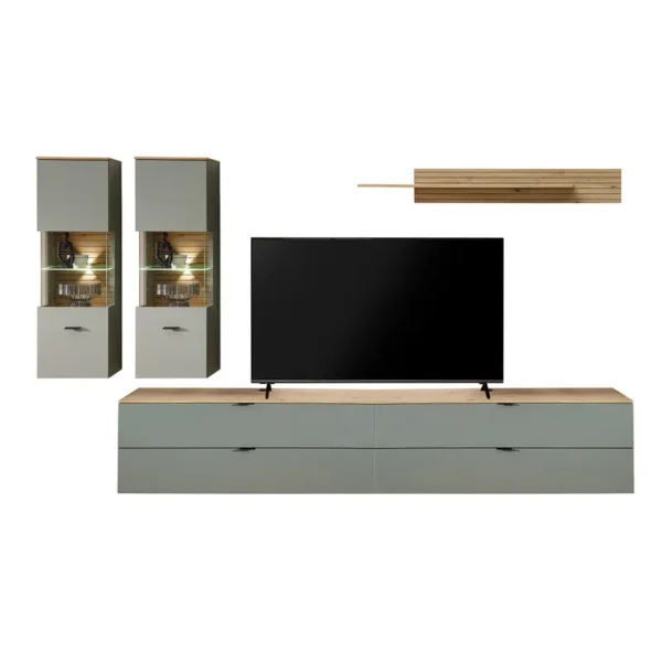 Wohnwand 5-teilig Hängevitrine MDF Mitteldichte Holzfaserplatte , foliert Grün/Salbei 280 x 185 x 44cm