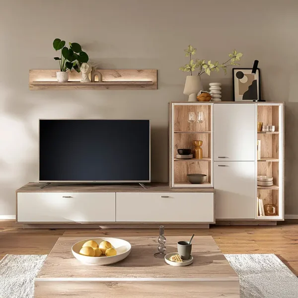 Wohnwand 3-teilig - Highboard Spanplatte, beschichtet Weiß 287 x 180 x 50cm