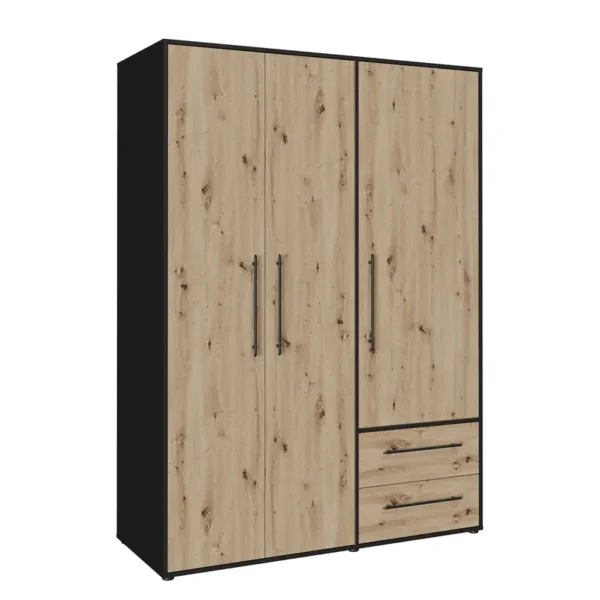 Drehtürenschrank Kotomol 144cm Schwarz/Braun/Eiche Artisan Dekor/Schwarz