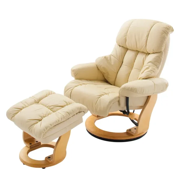 Relaxsessel mit Hocker Beige/Creme Kontaktflächen: Echtleder Rückseiten: Kunstleder Gestell: Formholz Hellbraun 90 x 104 x 91cm
