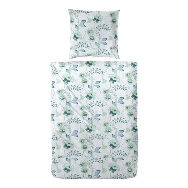 Feinbiber-Bettwäsche Elegant Flower 155 x 220 cm + Kissen 80 x 80 cm Weiß/Weiß/Grün
