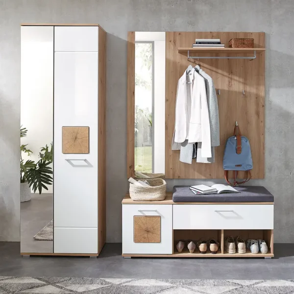 Garderobenset 3-teilig 206 x 195 x 38cm Braun/Weiß/Hochglanz Weiß